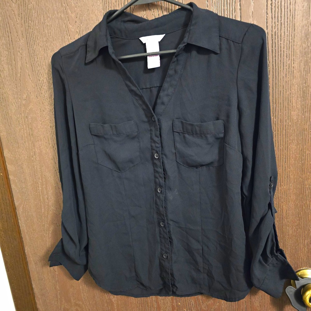 Candie's Black Solid Button-Up Collared Woven Roll Tab Long Sleeve Blouse S